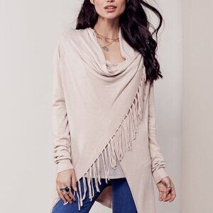 lovestitch Oatmeal Beige Tan Bohemian Fringe Long Sweater Wrap Cardigan Western